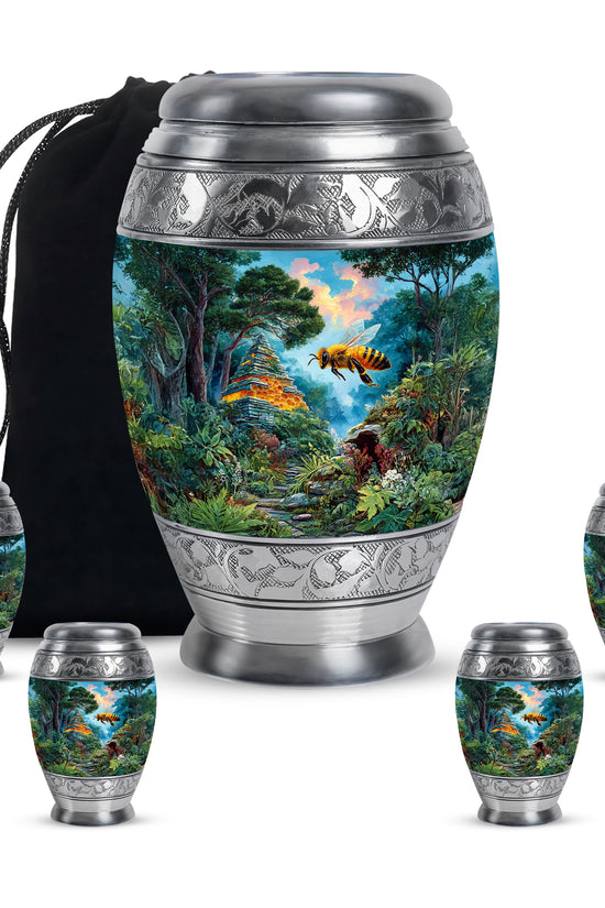 Cool Teal Bee Cremation Urn detail view - regal bee design with crown-inspired accents - memorial set with one large and four small urns
