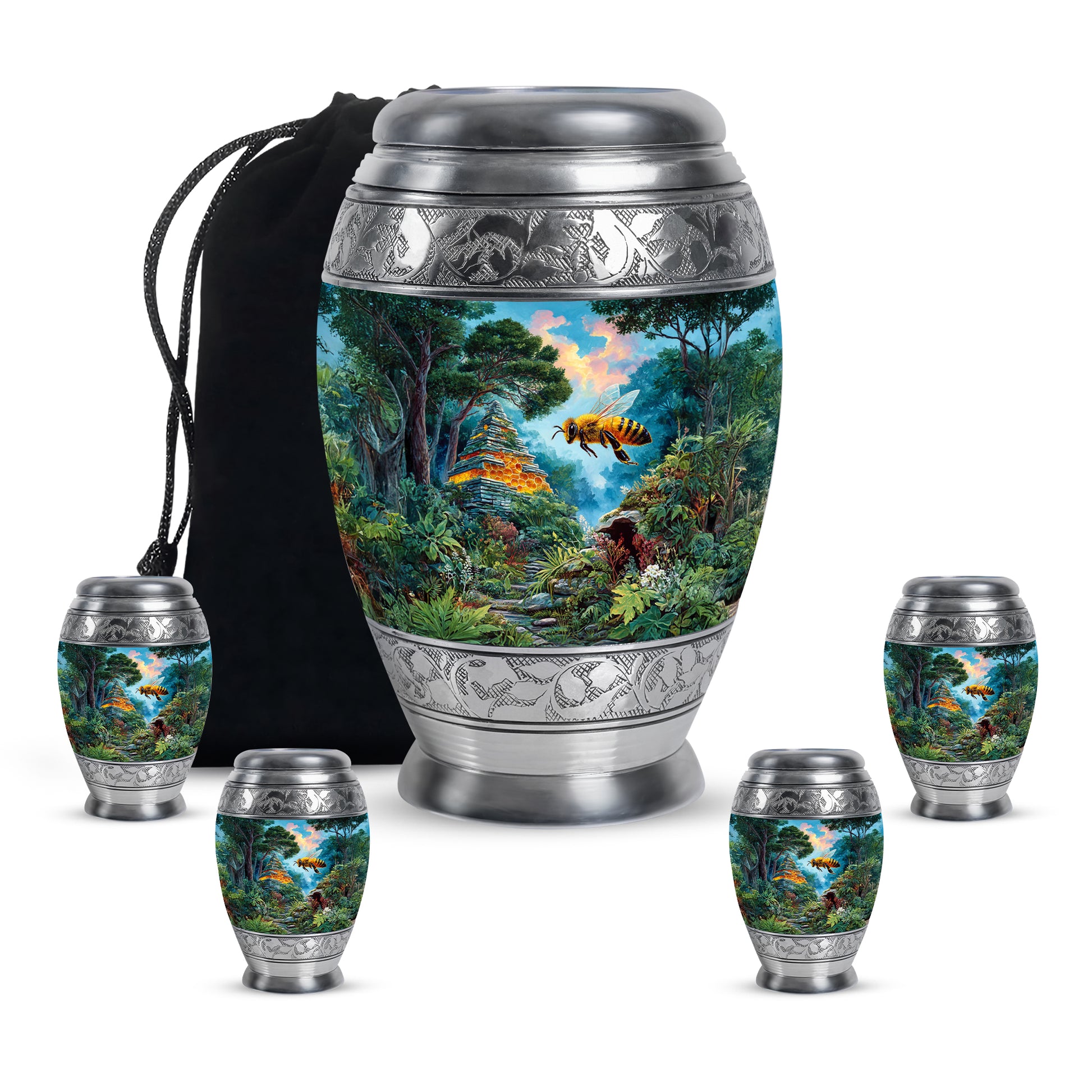 Cool Teal Bee Cremation Urn detail view - regal bee design with crown-inspired accents - memorial set with one large and four small urns