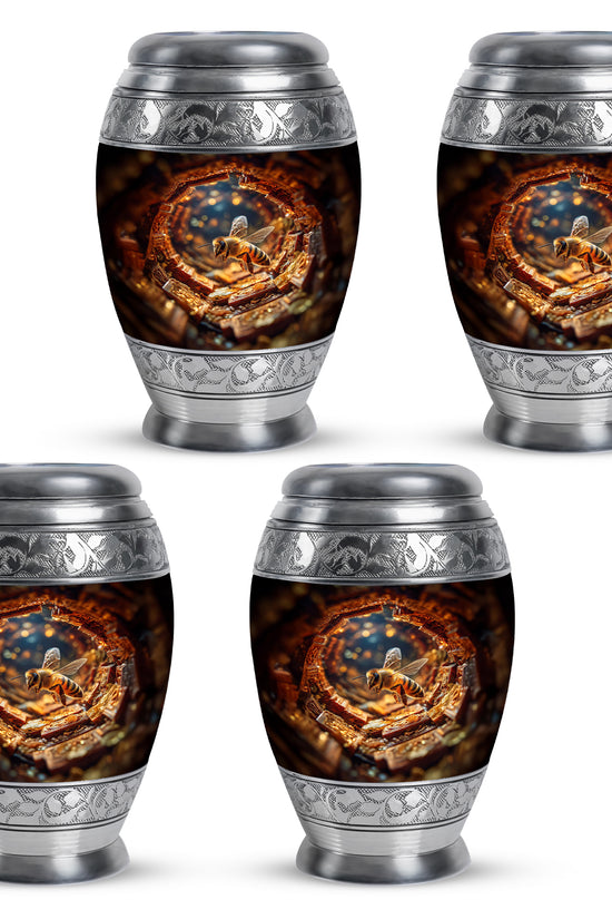 Cherry Red Bee Cremation Urn urn with complimentary velvet bag - royal bee engraving with decorative scrollwork - 10 inch aluminum urn for cremated remains