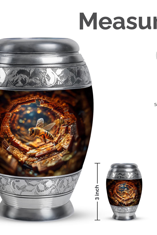 Rich Red Bee Cremation Urn lifestyle display on memorial shelf - majestic bee pattern with filigree border - mini keepsake memorial for portion of cremation ashes