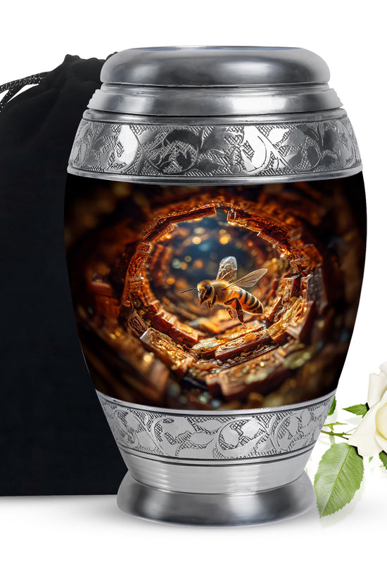 Wine Red Bee Cremation Urn back view with polished surface - ornate monarch-style bee relief on brushed aluminum - full-size 10 inch 200 cubic inch adult cremation urn
