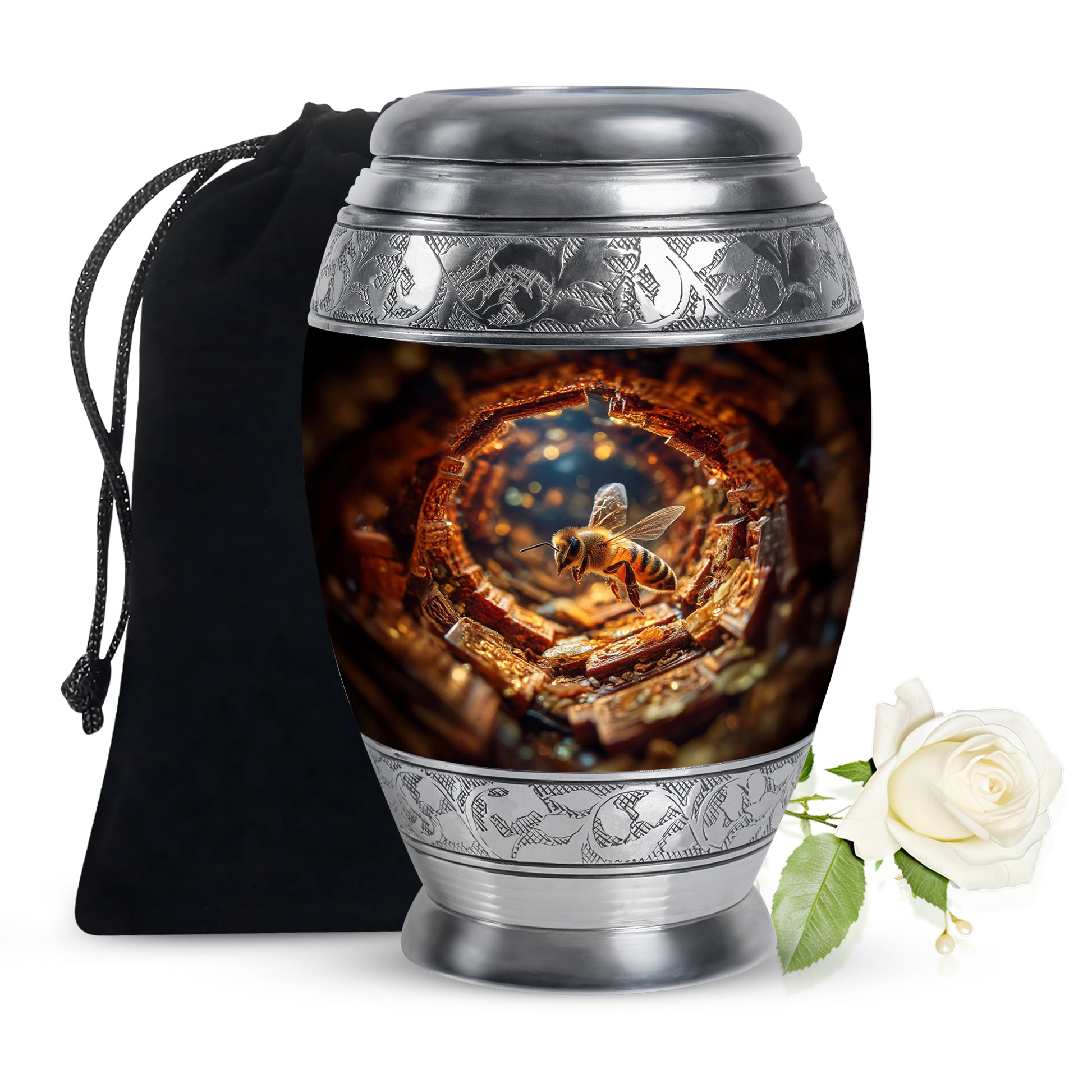 Wine Red Bee Cremation Urn back view with polished surface - ornate monarch-style bee relief on brushed aluminum - full-size 10 inch 200 cubic inch adult cremation urn