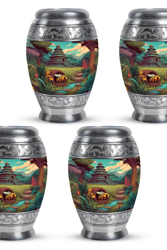 Sage Green Bee Cremation Urn urn with complimentary velvet bag - ornate monarch-style bee relief on brushed aluminum - 10 inch aluminum urn for cremated remains