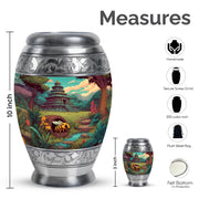 Olive Green Bee Cremation Urn lifestyle display on memorial shelf - royal bee engraving with decorative scrollwork - mini keepsake memorial for portion of cremation ashes