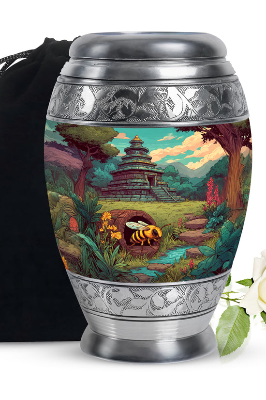 Sage Green Bee Cremation Urn back view with polished surface - ornate monarch-style bee relief on brushed aluminum - full-size 10 inch 200 cubic inch adult cremation urn