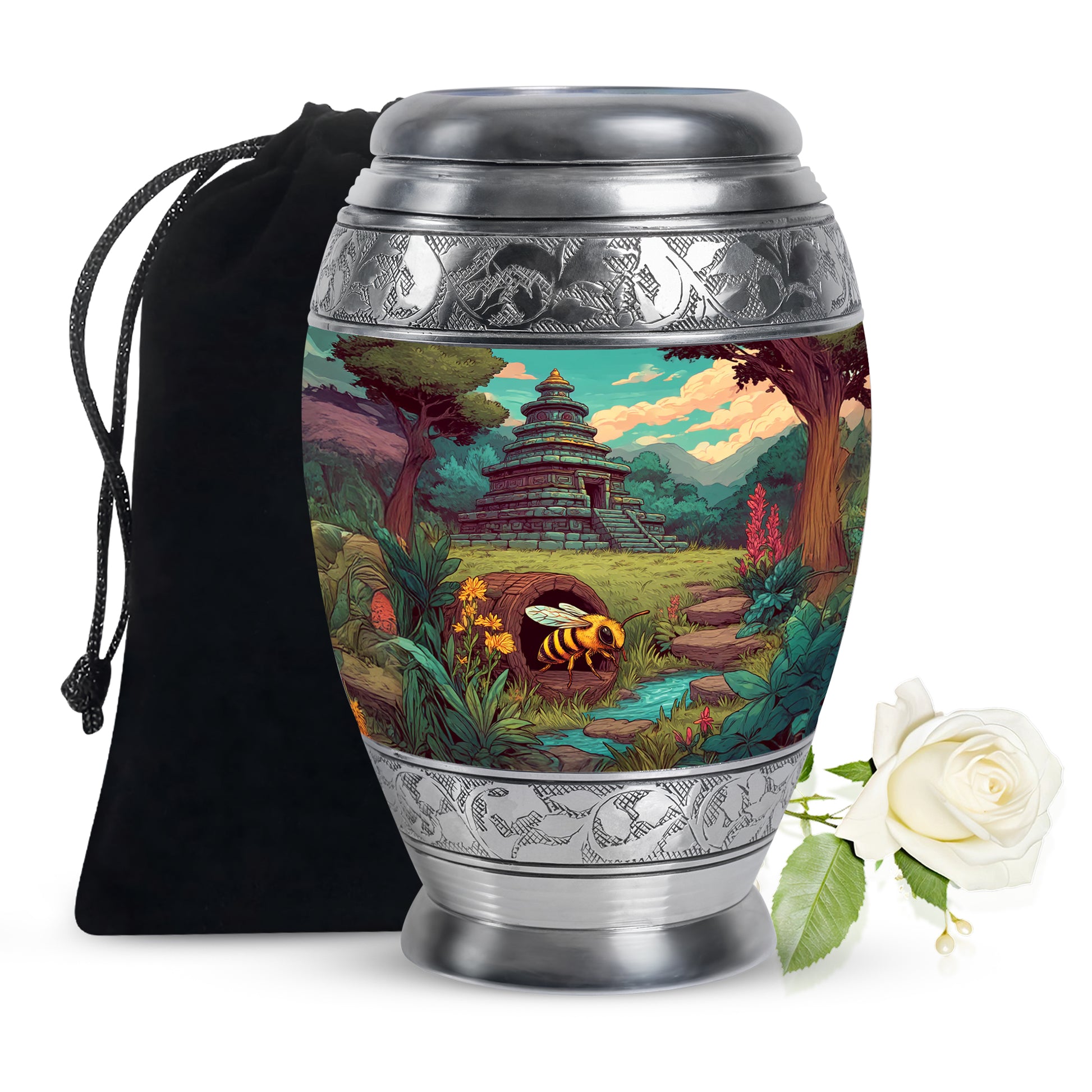 Sage Green Bee Cremation Urn back view with polished surface - ornate monarch-style bee relief on brushed aluminum - full-size 10 inch 200 cubic inch adult cremation urn