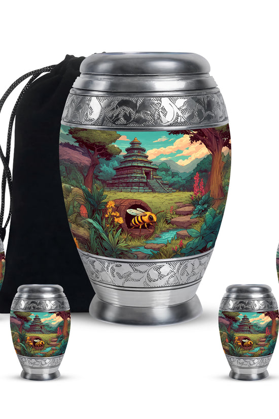 Moss Green Bee Cremation Urn detail view - regal bee design with crown-inspired accents - memorial set with one large and four small urns