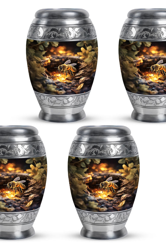 Matte Gold Bee Cremation Urn urn with complimentary velvet bag - royal bee engraving with decorative scrollwork - 10 inch aluminum urn for cremated remains