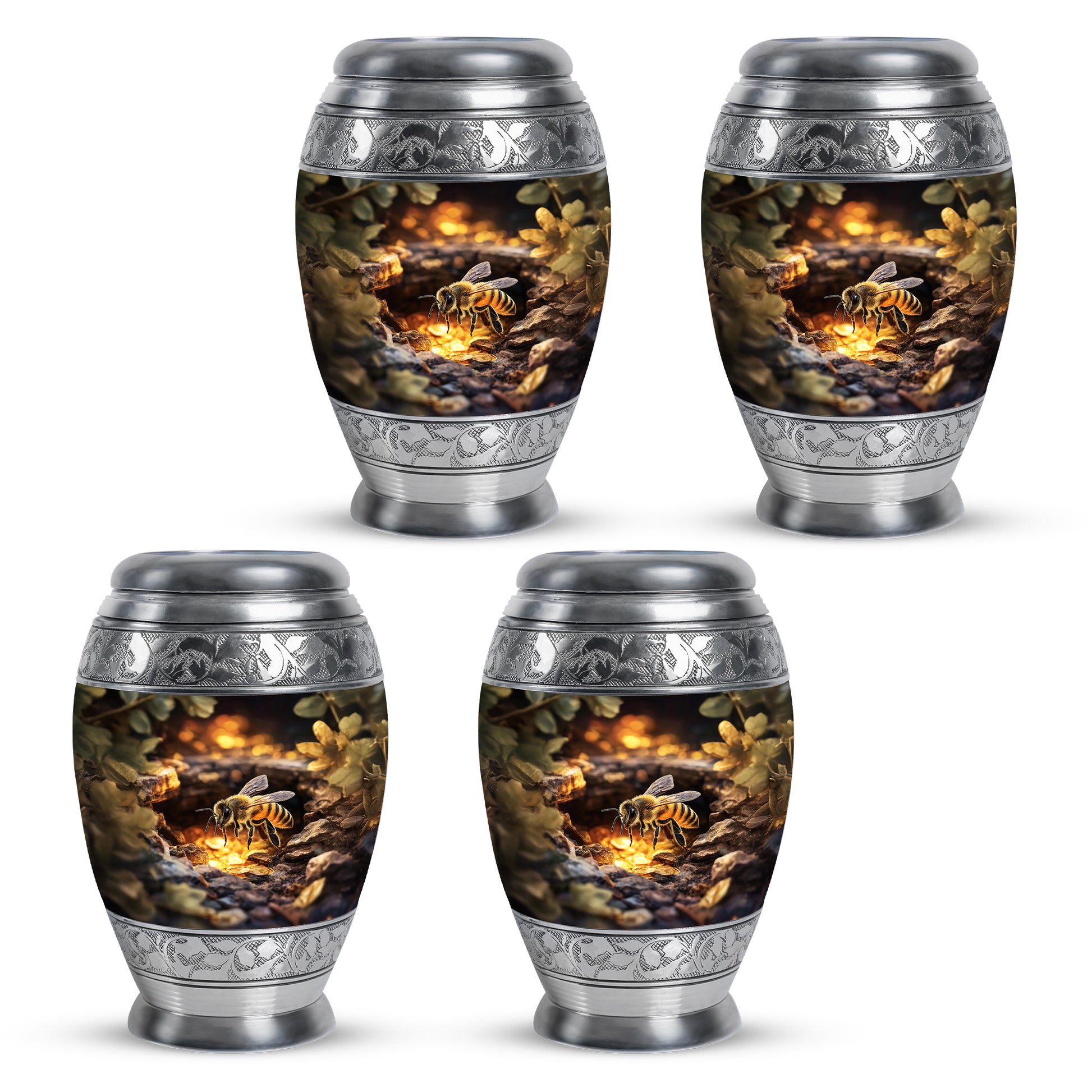 Matte Gold Bee Cremation Urn urn with complimentary velvet bag - royal bee engraving with decorative scrollwork - 10 inch aluminum urn for cremated remains