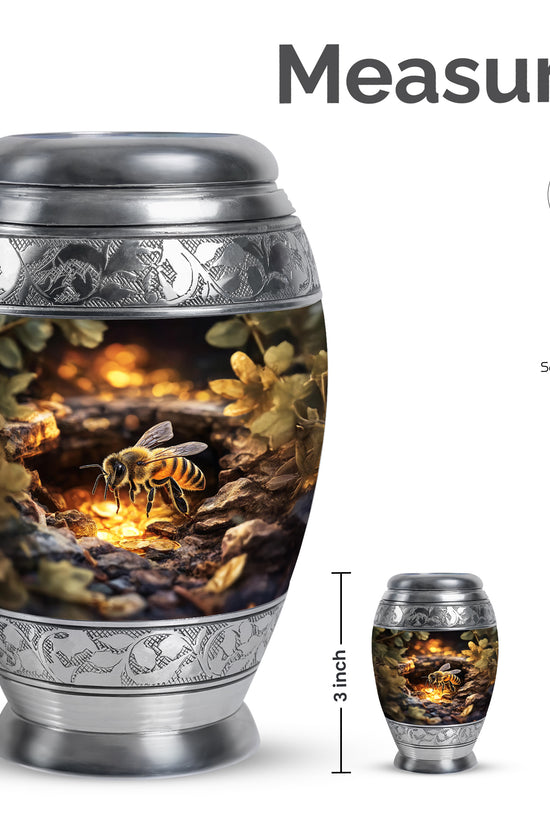 Matte Gold Bee Cremation Urn lifestyle display on memorial shelf - royal bee engraving with decorative scrollwork - mini keepsake memorial for portion of cremation ashes