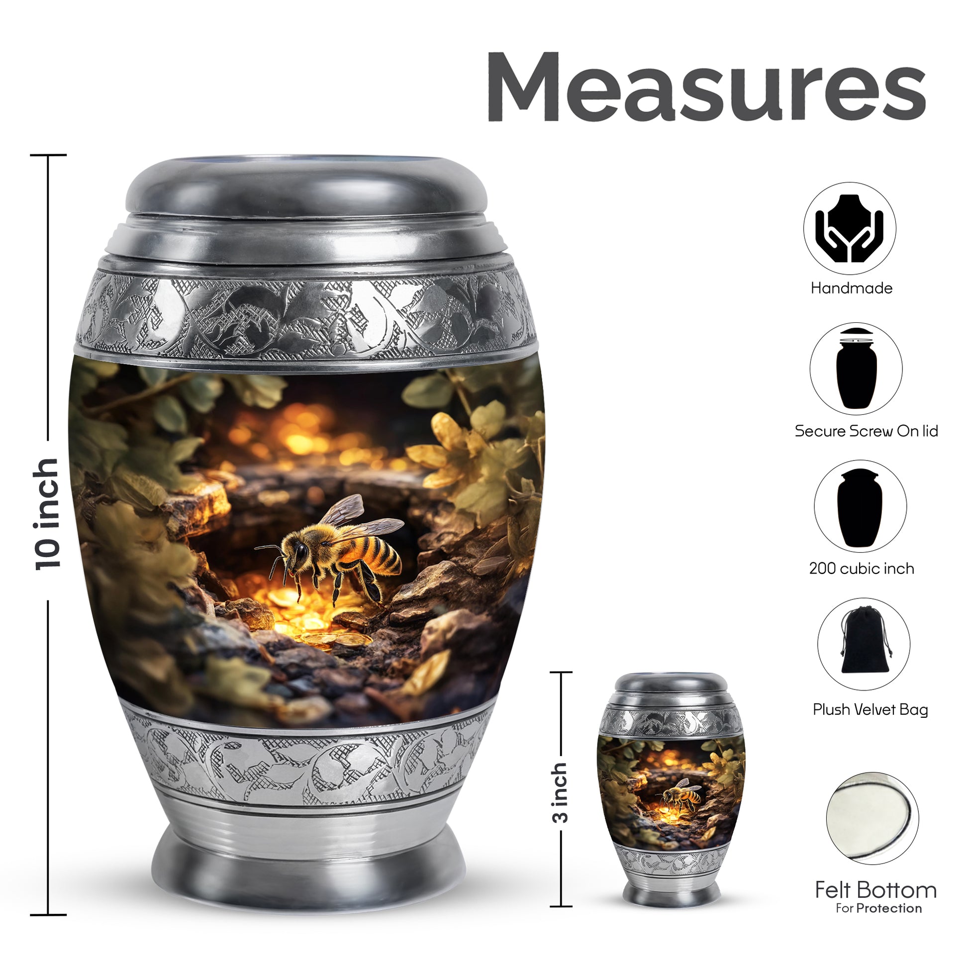 Matte Gold Bee Cremation Urn lifestyle display on memorial shelf - royal bee engraving with decorative scrollwork - mini keepsake memorial for portion of cremation ashes