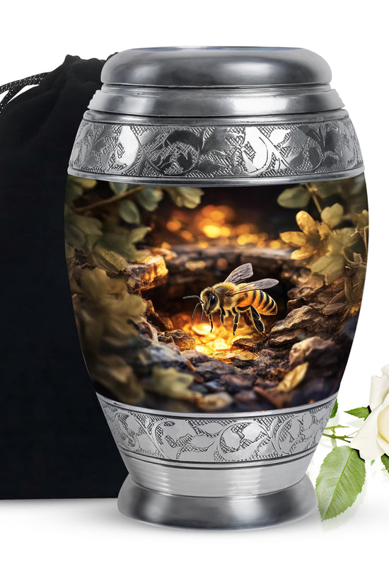 Warm Gold Bee Cremation Urn back view with polished surface - majestic bee pattern with filigree border - full-size 10 inch 200 cubic inch adult cremation urn