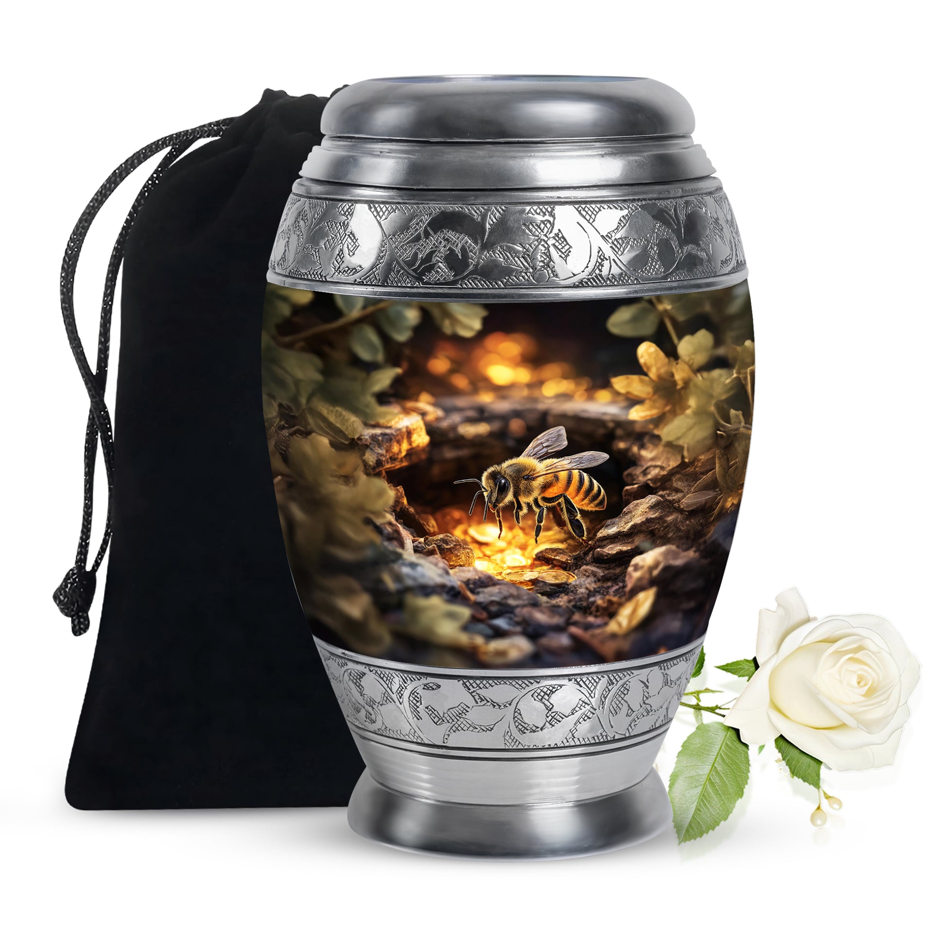 Warm Gold Bee Cremation Urn back view with polished surface - majestic bee pattern with filigree border - full-size 10 inch 200 cubic inch adult cremation urn