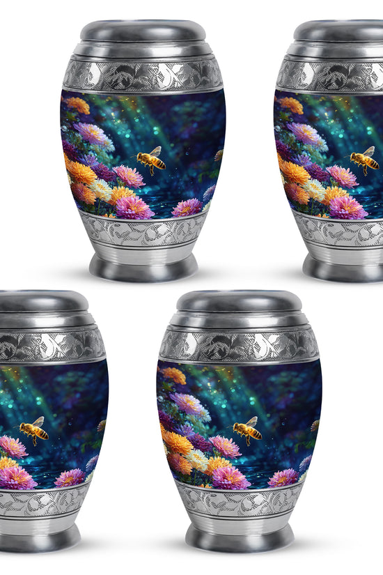 Deep Black Bee Cremation Urn urn with complimentary velvet bag - ornate monarch-style bee relief on brushed aluminum - 10 inch aluminum urn for cremated remains