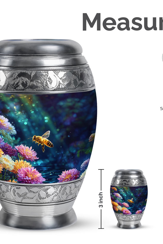 Glossy Black Bee Cremation Urn lifestyle display on memorial shelf - regal bee design with crown-inspired accents - mini keepsake memorial for portion of cremation ashes