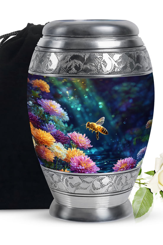 Charcoal Black Bee Cremation Urn back view with polished surface - majestic bee pattern with filigree border - full-size 10 inch 200 cubic inch adult cremation urn
