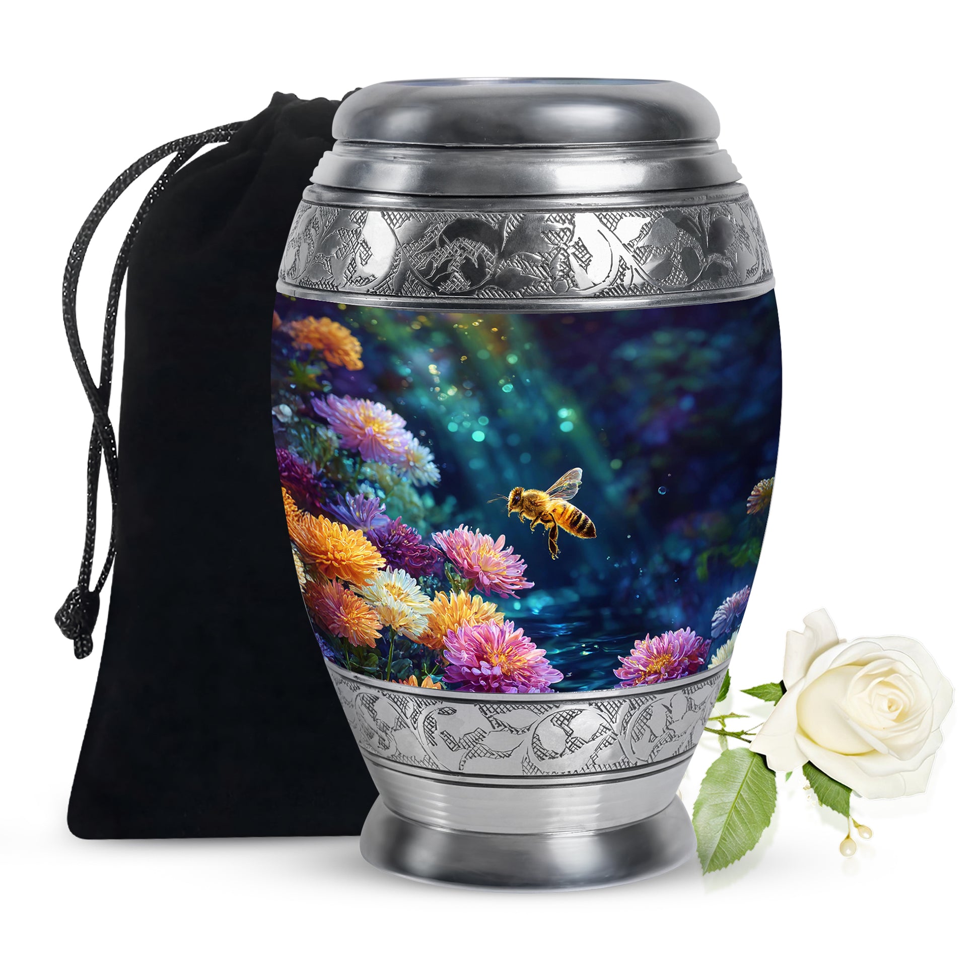 Charcoal Black Bee Cremation Urn back view with polished surface - majestic bee pattern with filigree border - full-size 10 inch 200 cubic inch adult cremation urn