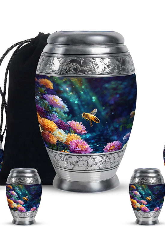 Obsidian Black Bee Cremation Urn detail view - majestic bee pattern with filigree border - memorial set with one large and four small urns
