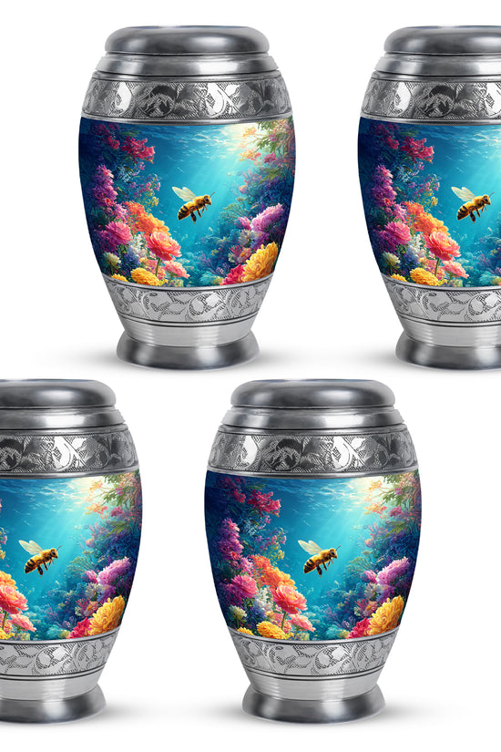 Indigo Bee Cremation Urn urn with complimentary velvet bag - ornate monarch-style bee relief on brushed aluminum - 10 inch aluminum urn for cremated remains