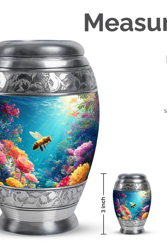 Cornflower Blue Bee Cremation Urn lifestyle display on memorial shelf - royal bee engraving with decorative scrollwork - mini keepsake memorial for portion of cremation ashes