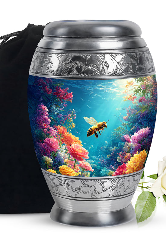 Pastel Blue Bee Cremation Urn back view with polished surface - regal bee design with crown-inspired accents - full-size 10 inch 200 cubic inch adult cremation urn