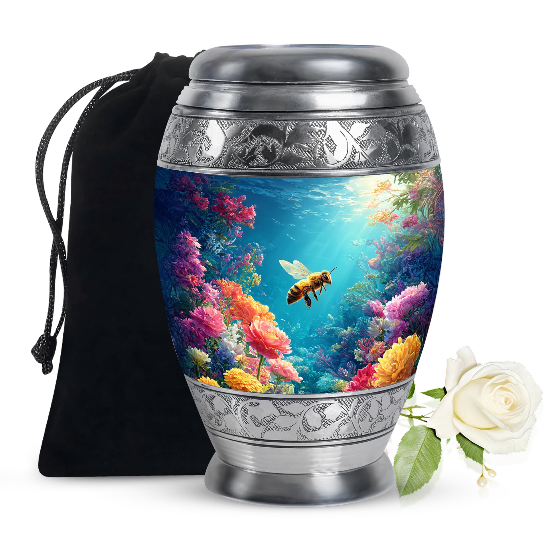 Pastel Blue Bee Cremation Urn back view with polished surface - regal bee design with crown-inspired accents - full-size 10 inch 200 cubic inch adult cremation urn