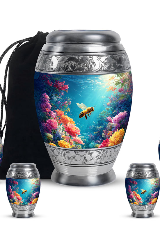 Sky Blue Bee Cremation Urn detail view - regal bee design with crown-inspired accents - memorial set with one large and four small urns