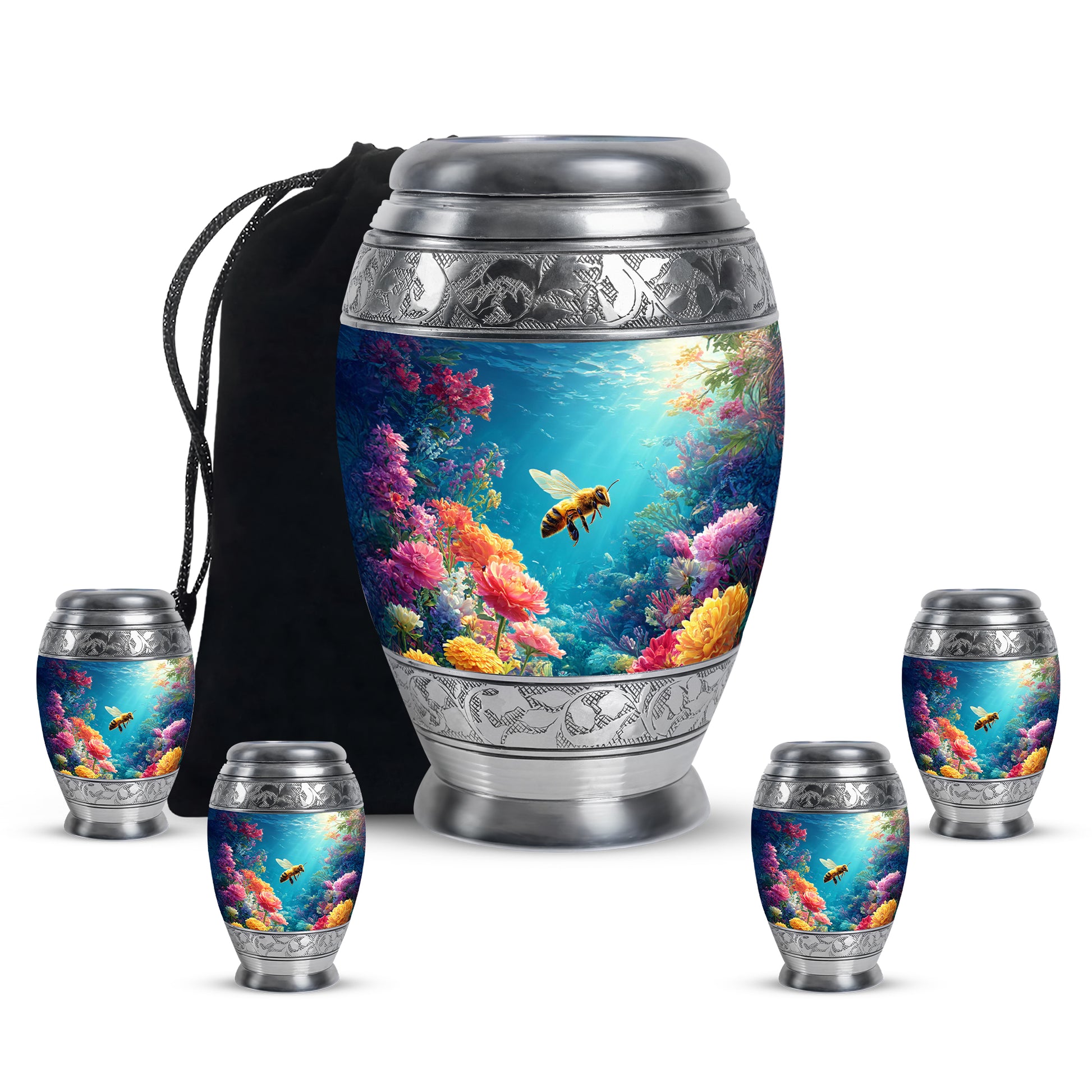 Sky Blue Bee Cremation Urn detail view - regal bee design with crown-inspired accents - memorial set with one large and four small urns
