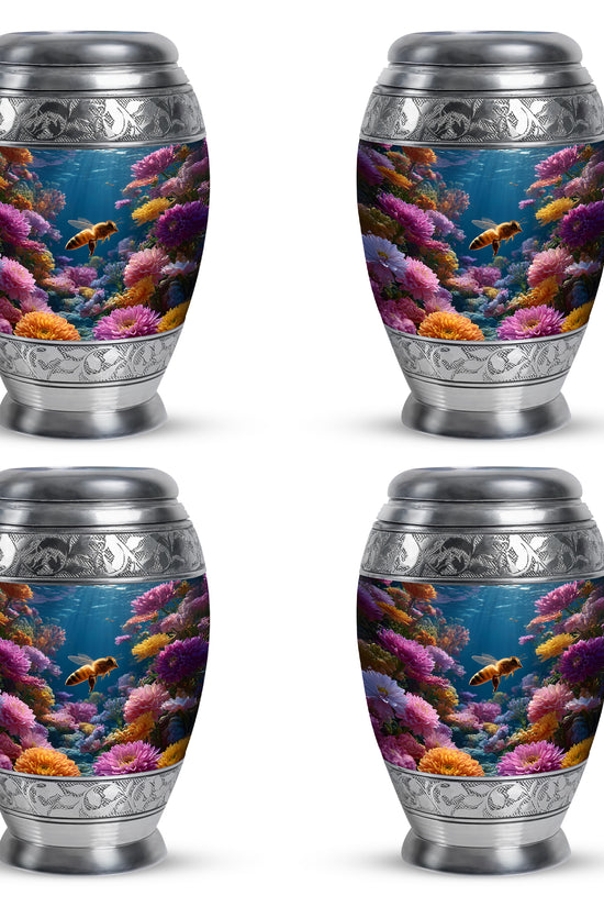 Slate Blue Bee Cremation Urn urn with complimentary velvet bag - ornate monarch-style bee relief on brushed aluminum - 10 inch aluminum urn for cremated remains