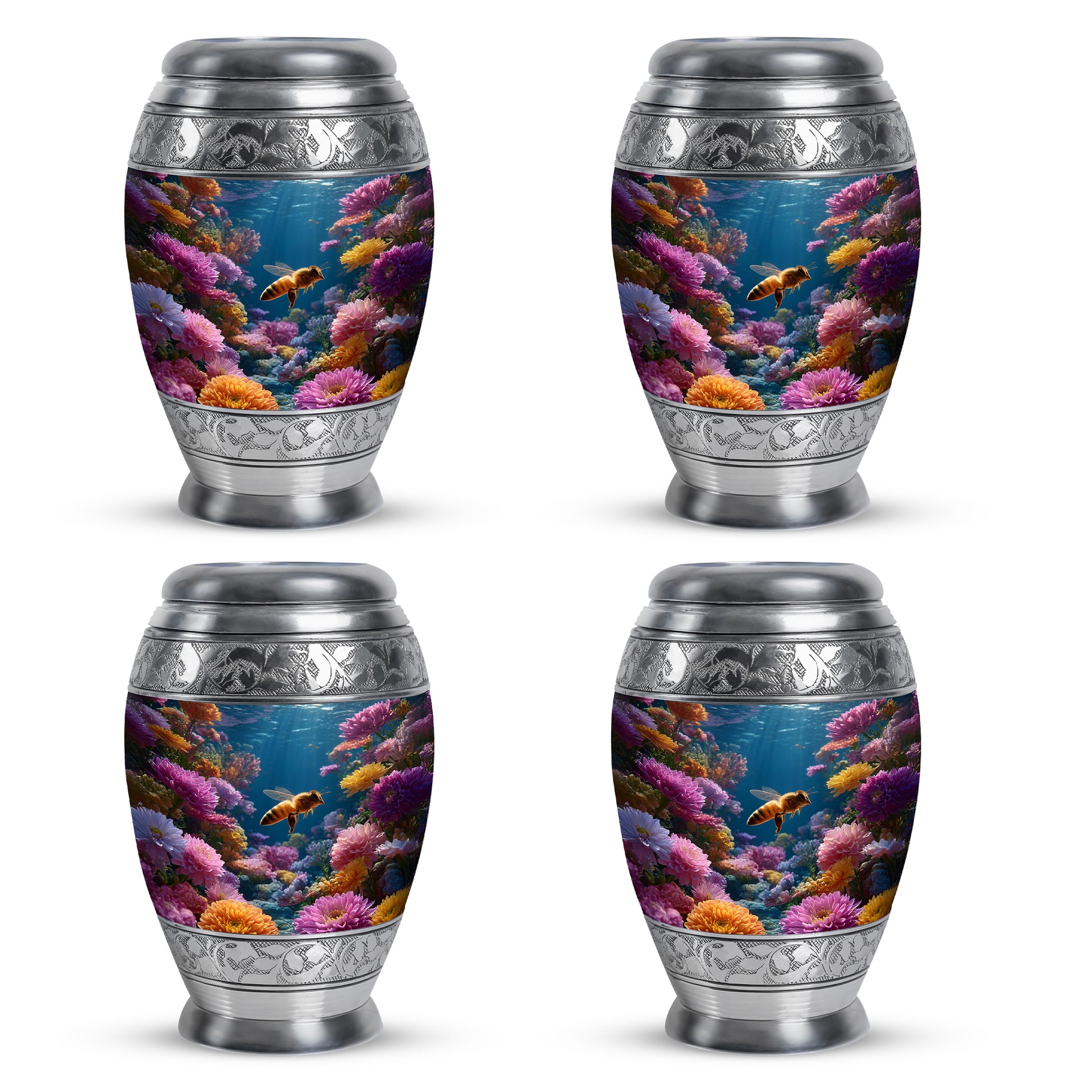 Slate Blue Bee Cremation Urn urn with complimentary velvet bag - ornate monarch-style bee relief on brushed aluminum - 10 inch aluminum urn for cremated remains