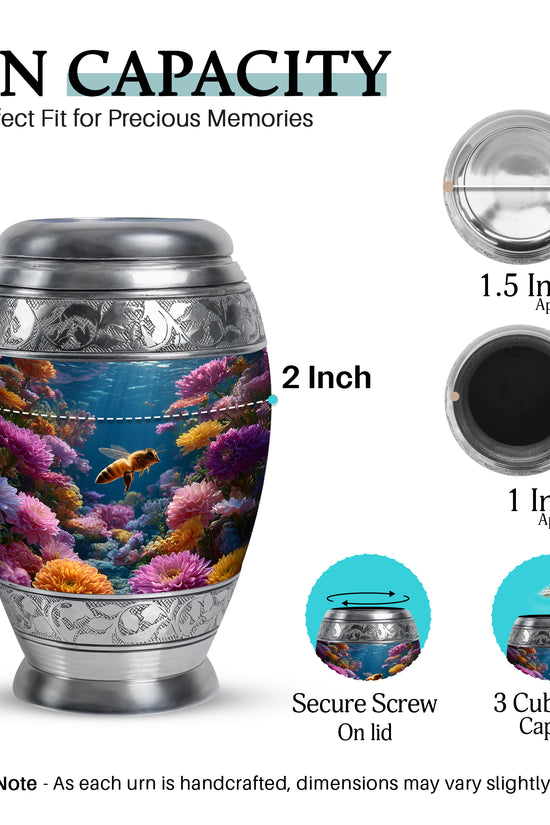 Slate Blue Bee Cremation Urn lifestyle display on memorial shelf - ornate monarch-style bee relief on brushed aluminum - mini keepsake memorial for portion of cremation ashes