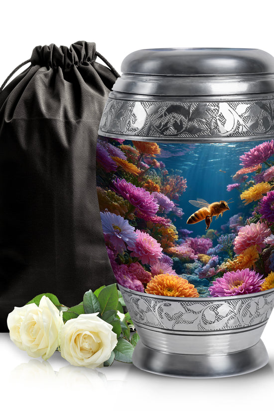 Dusty Blue Bee Cremation Urn back view with polished surface - regal bee design with crown-inspired accents - full-size 10 inch 200 cubic inch adult cremation urn