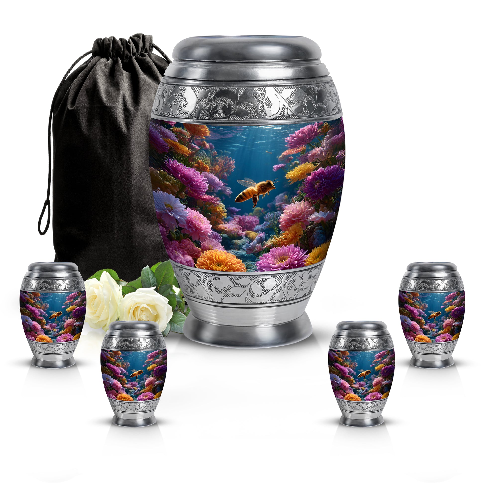 Navy Blue Bee Cremation Urn detail view - ornate monarch-style bee relief on brushed aluminum - memorial set with one large and four small urns