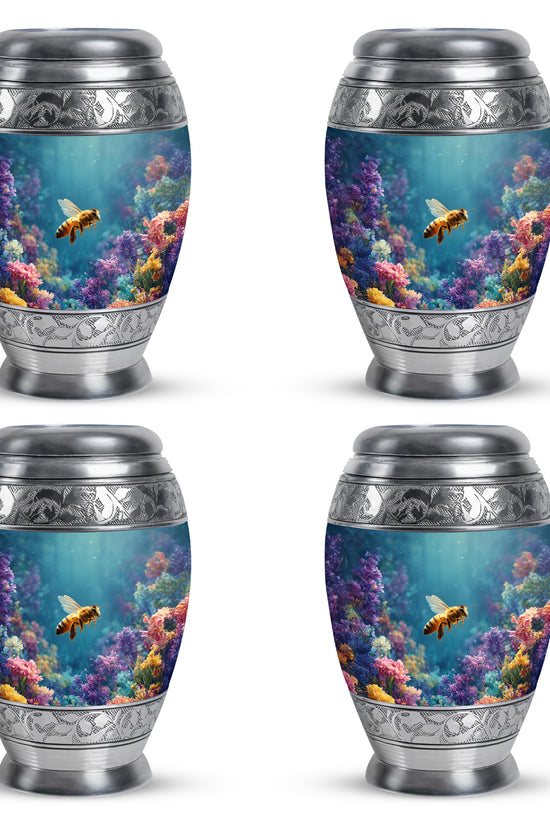 Vivid Teal Bee Cremation Urn urn with complimentary velvet bag - royal bee engraving with decorative scrollwork - 10 inch aluminum urn for cremated remains