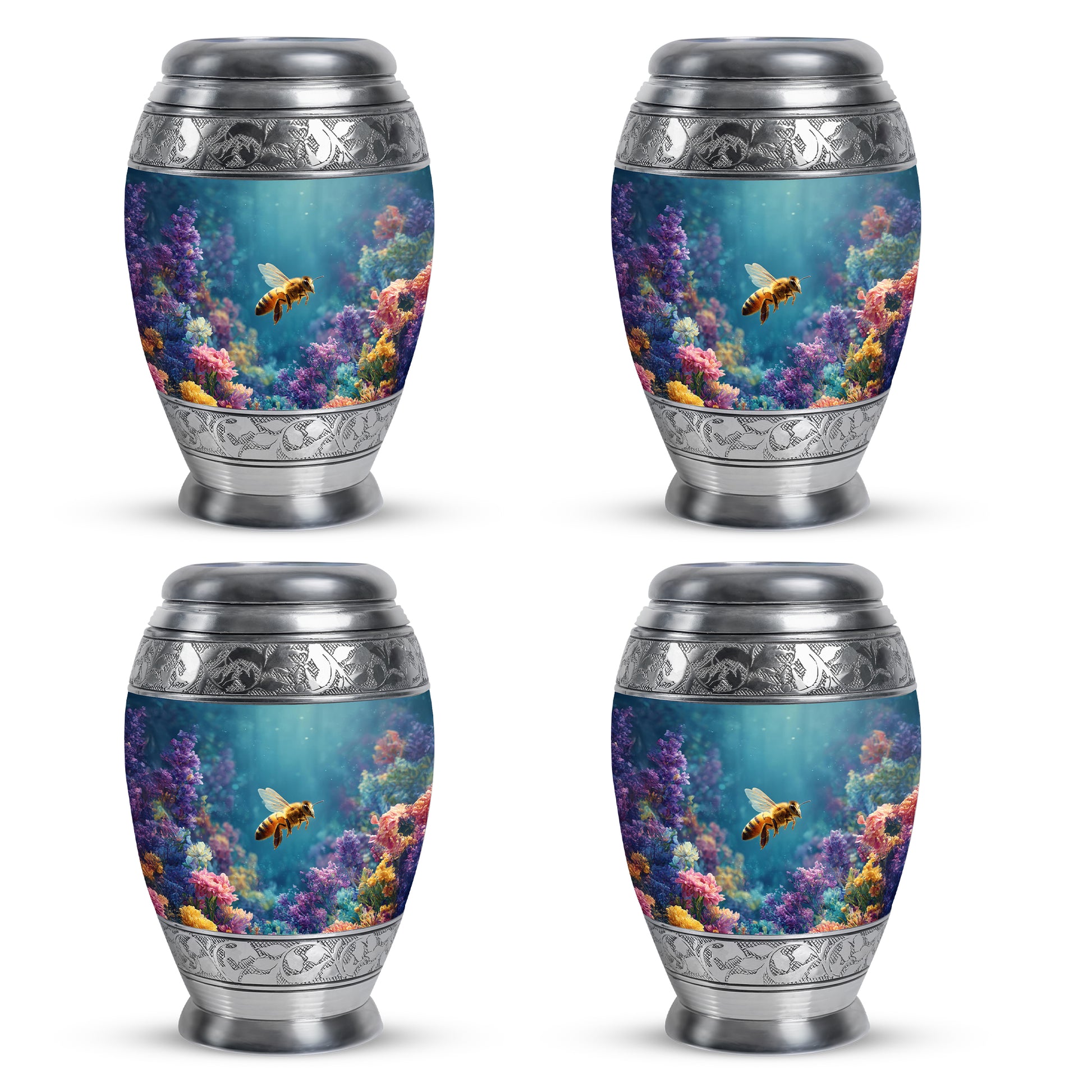Vivid Teal Bee Cremation Urn urn with complimentary velvet bag - royal bee engraving with decorative scrollwork - 10 inch aluminum urn for cremated remains