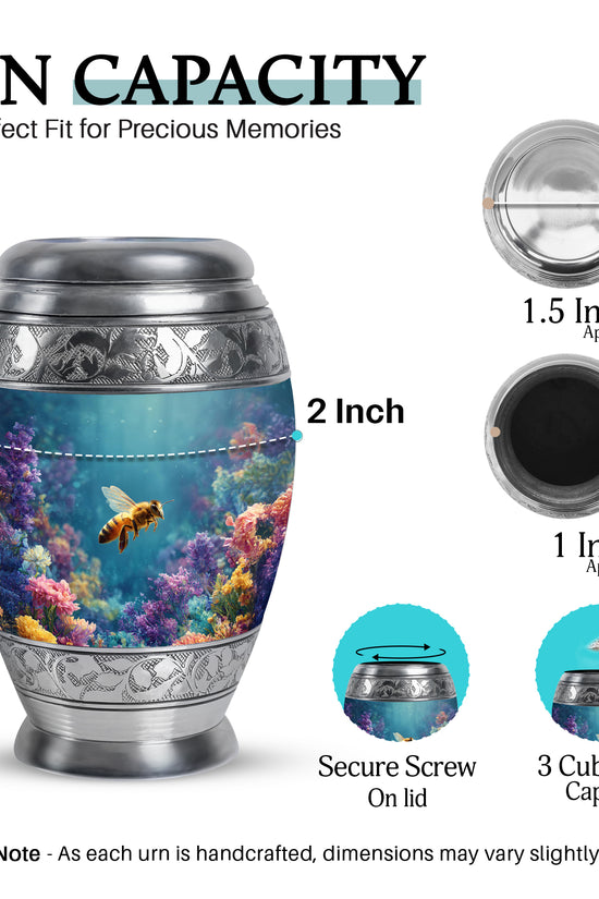 Cool Teal Bee Cremation Urn lifestyle display on memorial shelf - regal bee design with crown-inspired accents - mini keepsake memorial for portion of cremation ashes