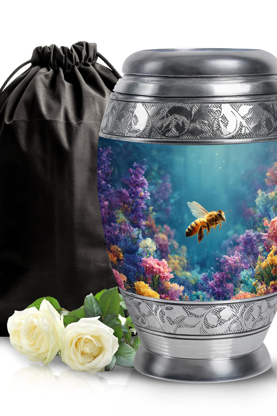 Sea Green Teal Bee Cremation Urn back view with polished surface - regal bee design with crown-inspired accents - full-size 10 inch 200 cubic inch adult cremation urn