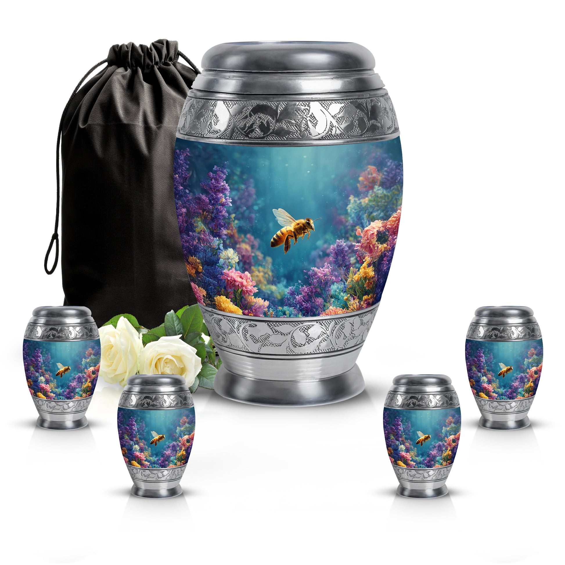 Cool Teal Bee Cremation Urn detail view - ornate monarch-style bee relief on brushed aluminum - memorial set with one large and four small urns