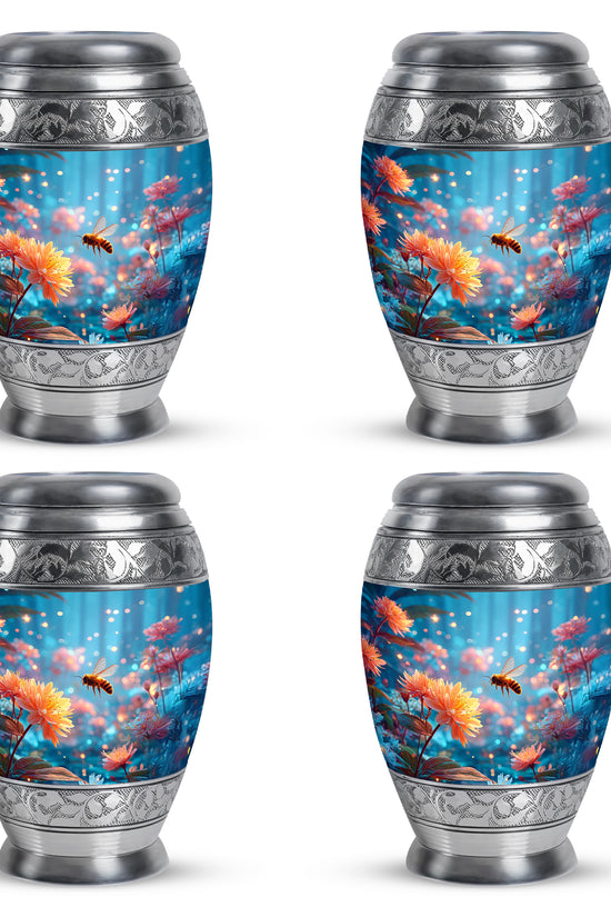 Powder Blue Bee Cremation Urn urn with complimentary velvet bag - ornate monarch-style bee relief on brushed aluminum - 10 inch aluminum urn for cremated remains