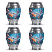Powder Blue Bee Cremation Urn urn with complimentary velvet bag - ornate monarch-style bee relief on brushed aluminum - 10 inch aluminum urn for cremated remains