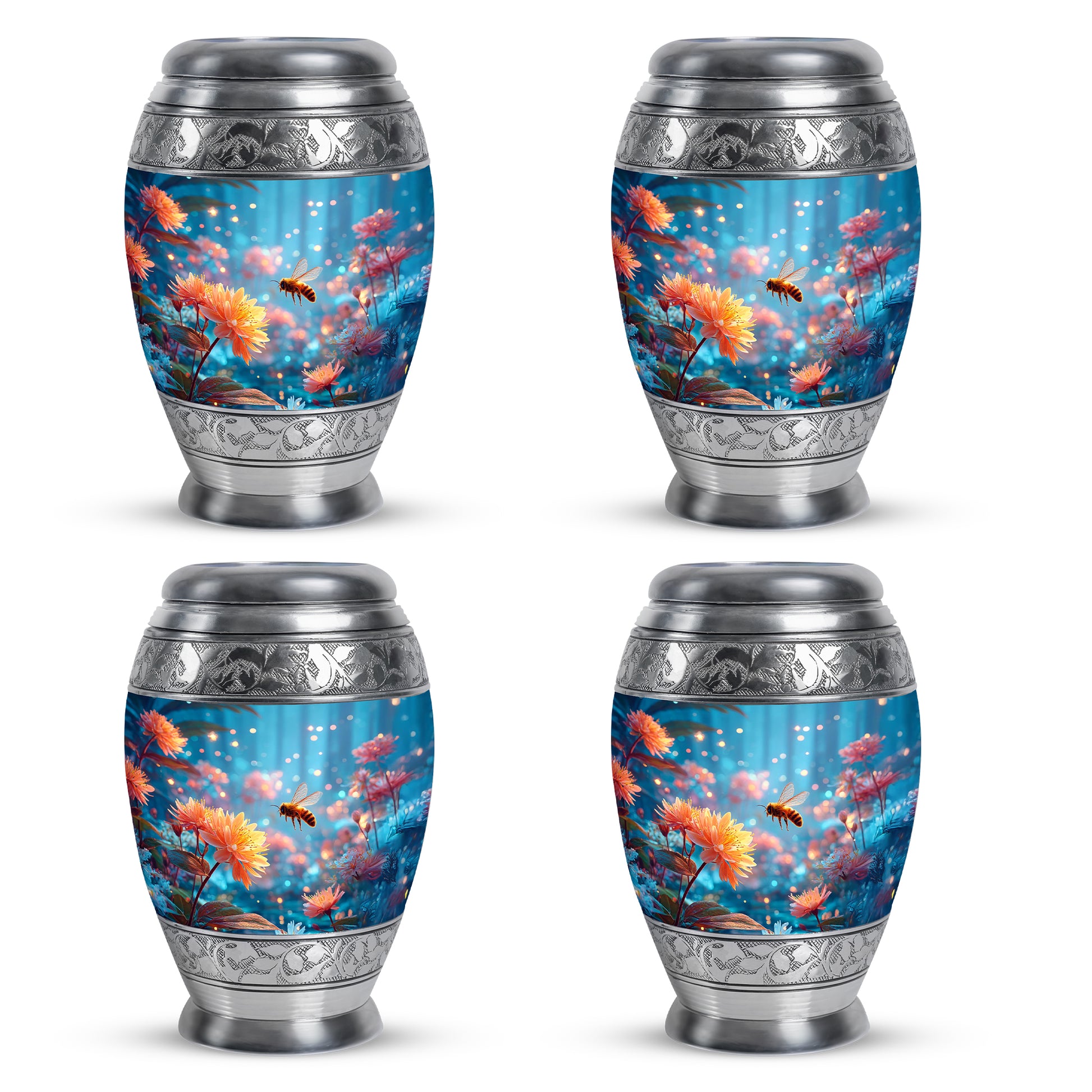 Powder Blue Bee Cremation Urn urn with complimentary velvet bag - ornate monarch-style bee relief on brushed aluminum - 10 inch aluminum urn for cremated remains