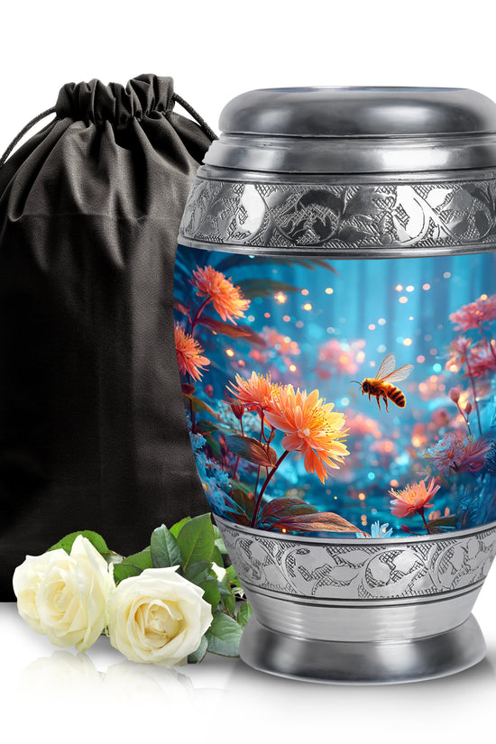 Cornflower Blue Bee Cremation Urn back view with polished surface - majestic bee pattern with filigree border - full-size 10 inch 200 cubic inch adult cremation urn