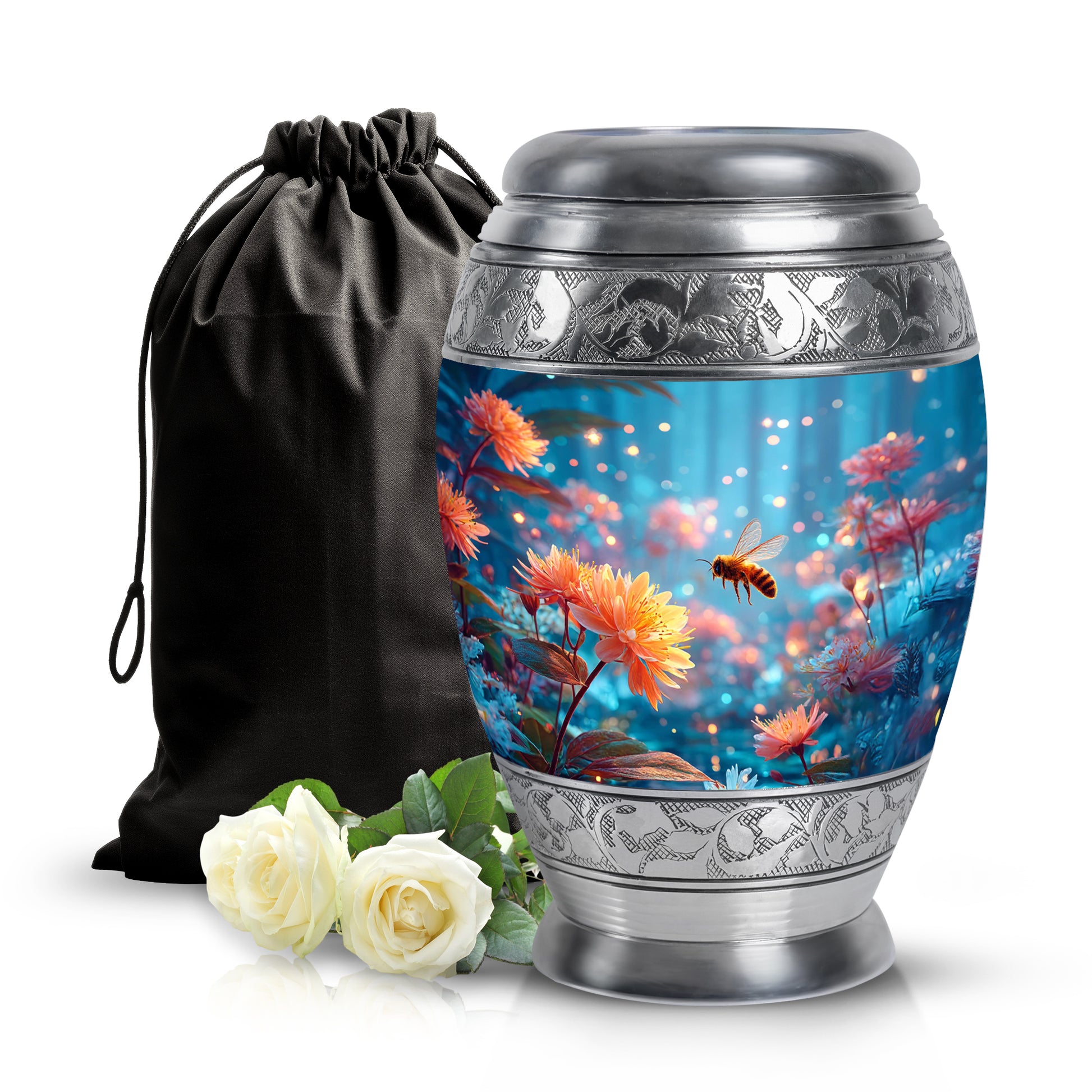 Cornflower Blue Bee Cremation Urn back view with polished surface - majestic bee pattern with filigree border - full-size 10 inch 200 cubic inch adult cremation urn