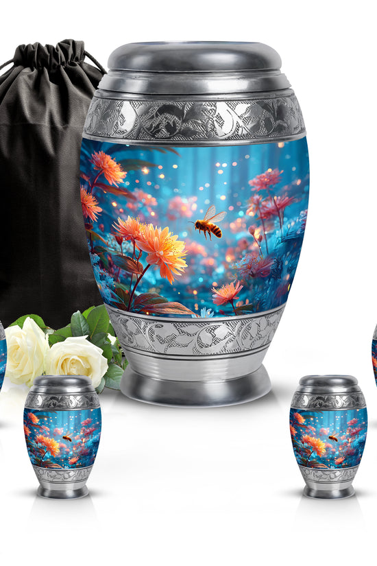 Cornflower Blue Bee Cremation Urn detail view - majestic bee pattern with filigree border - memorial set with one large and four small urns