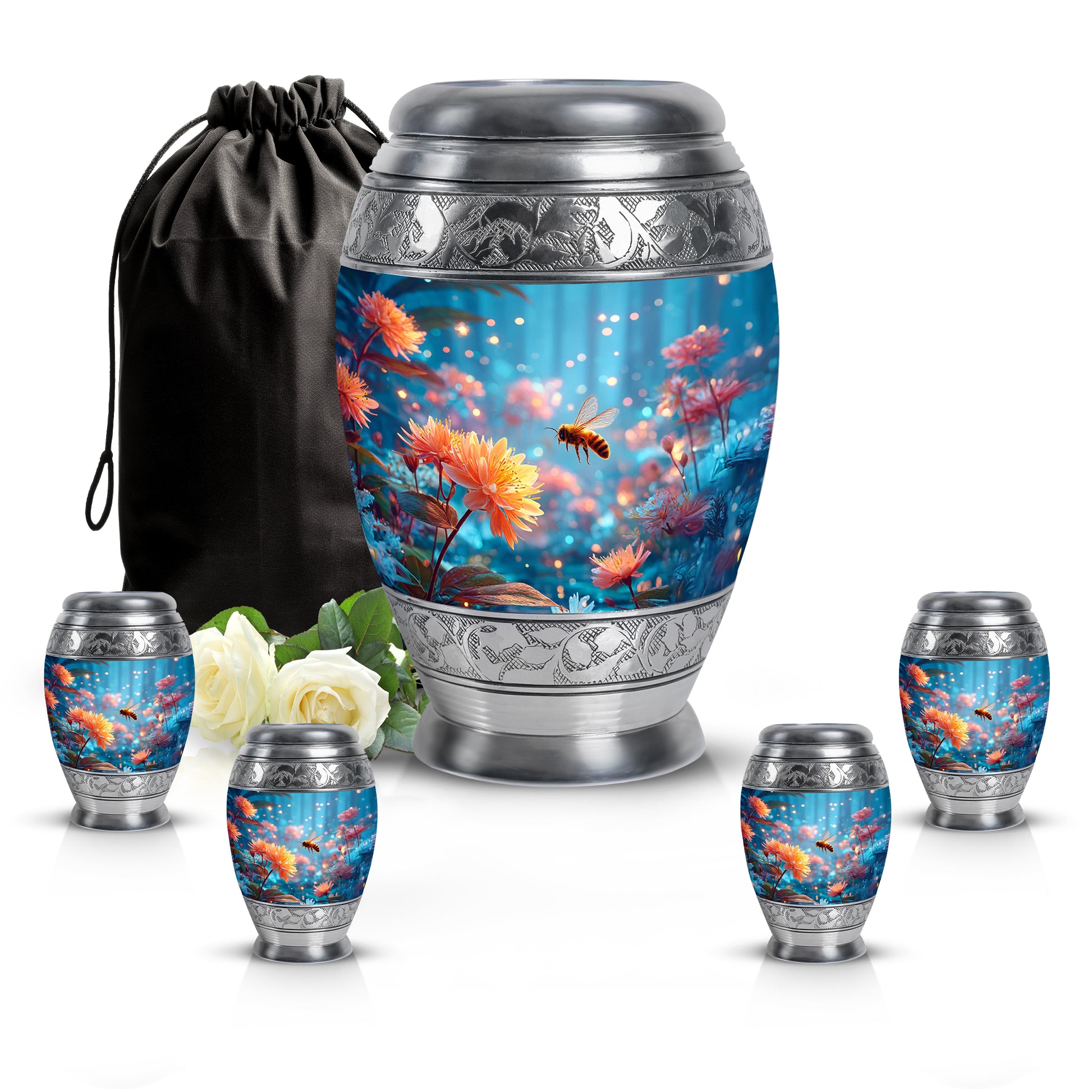 Cornflower Blue Bee Cremation Urn detail view - majestic bee pattern with filigree border - memorial set with one large and four small urns