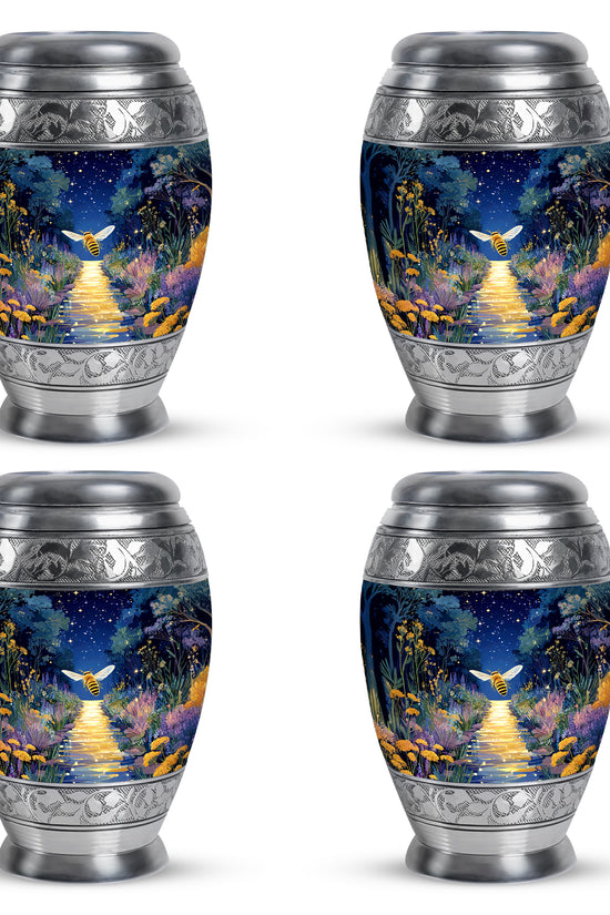 Twilight Blue Bee Cremation Urn urn with complimentary velvet bag - royal bee engraving with decorative scrollwork - 10 inch aluminum urn for cremated remains