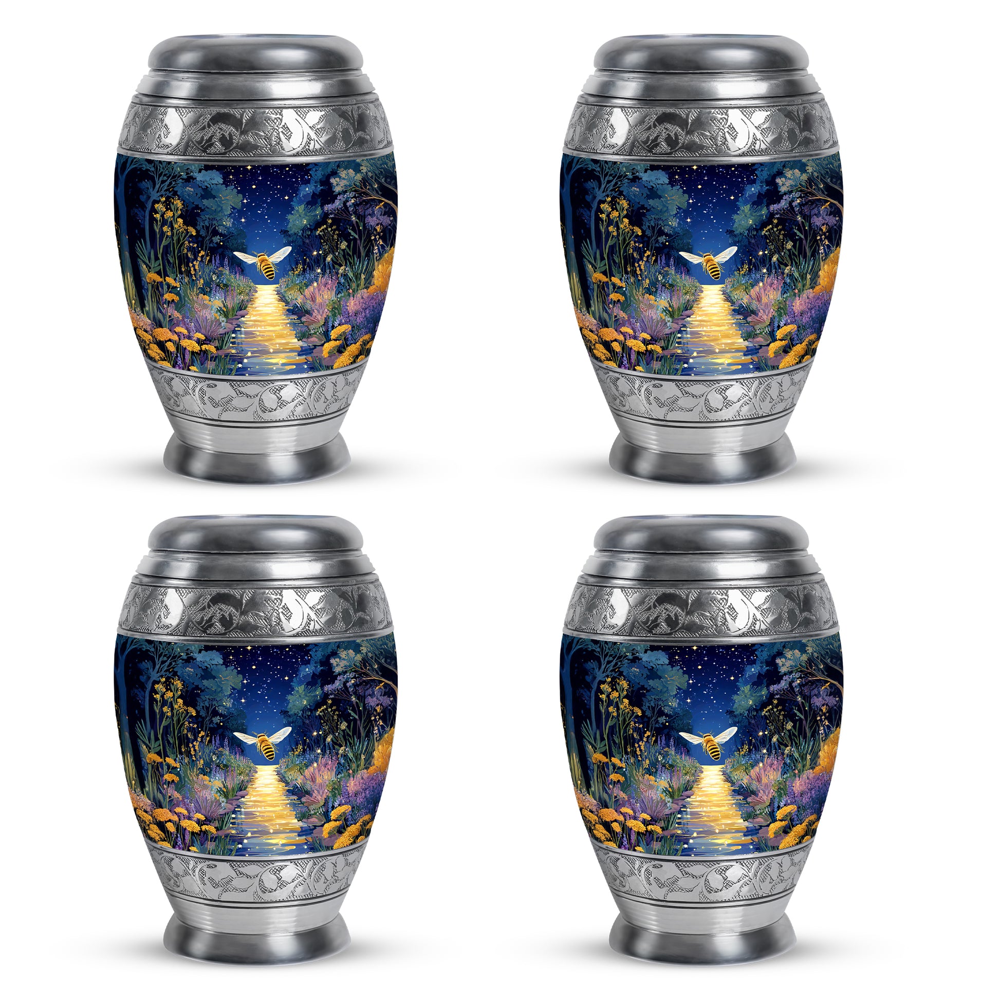 Twilight Blue Bee Cremation Urn urn with complimentary velvet bag - royal bee engraving with decorative scrollwork - 10 inch aluminum urn for cremated remains