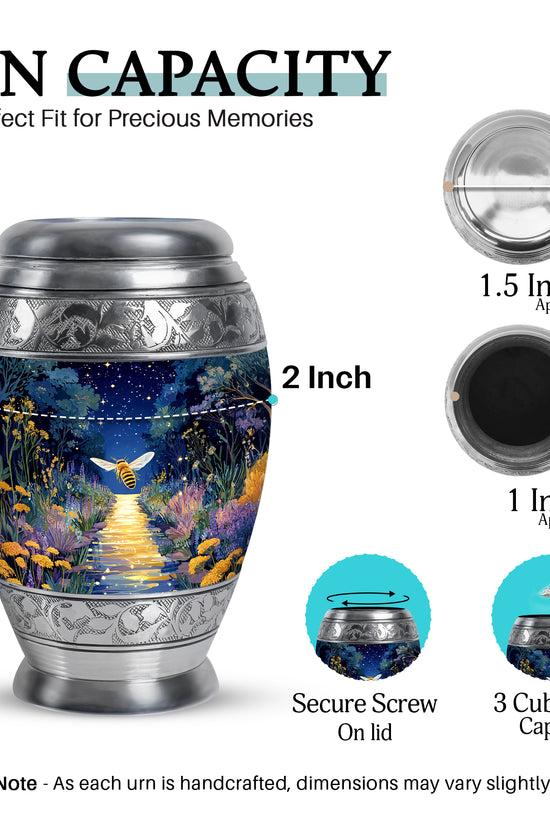 Powder Blue Bee Cremation Urn lifestyle display on memorial shelf - ornate monarch-style bee relief on brushed aluminum - mini keepsake memorial for portion of cremation ashes