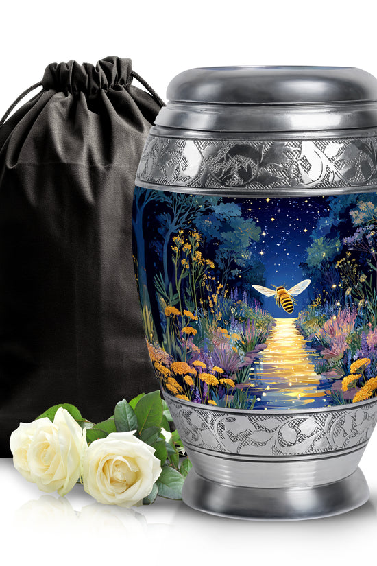 Steel Blue Bee Cremation Urn back view with polished surface - majestic bee pattern with filigree border - full-size 10 inch 200 cubic inch adult cremation urn
