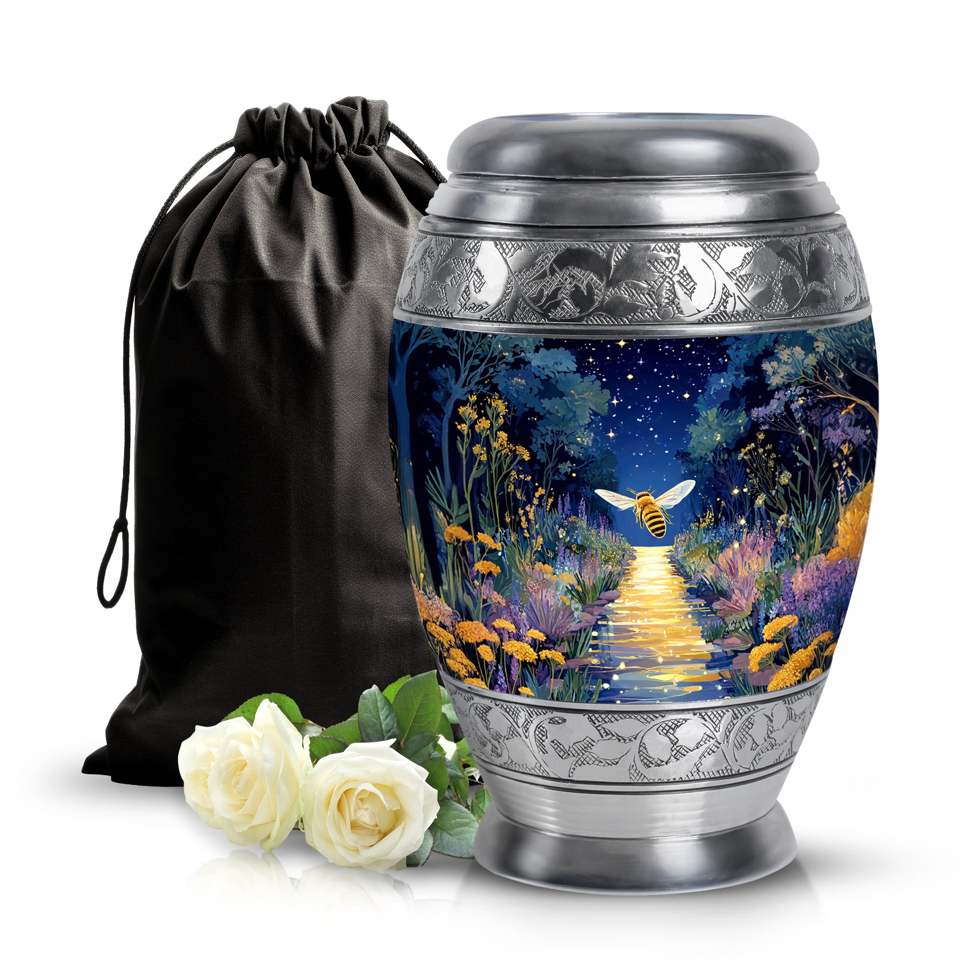 Steel Blue Bee Cremation Urn back view with polished surface - majestic bee pattern with filigree border - full-size 10 inch 200 cubic inch adult cremation urn